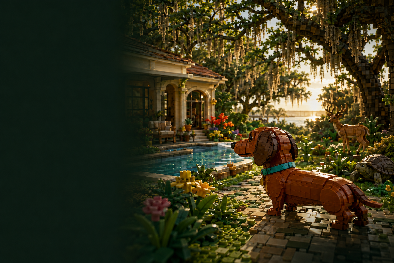 Illustrated adventure cover with Ruben, a red dachshund, beside a peaceful pool and mossy trees.